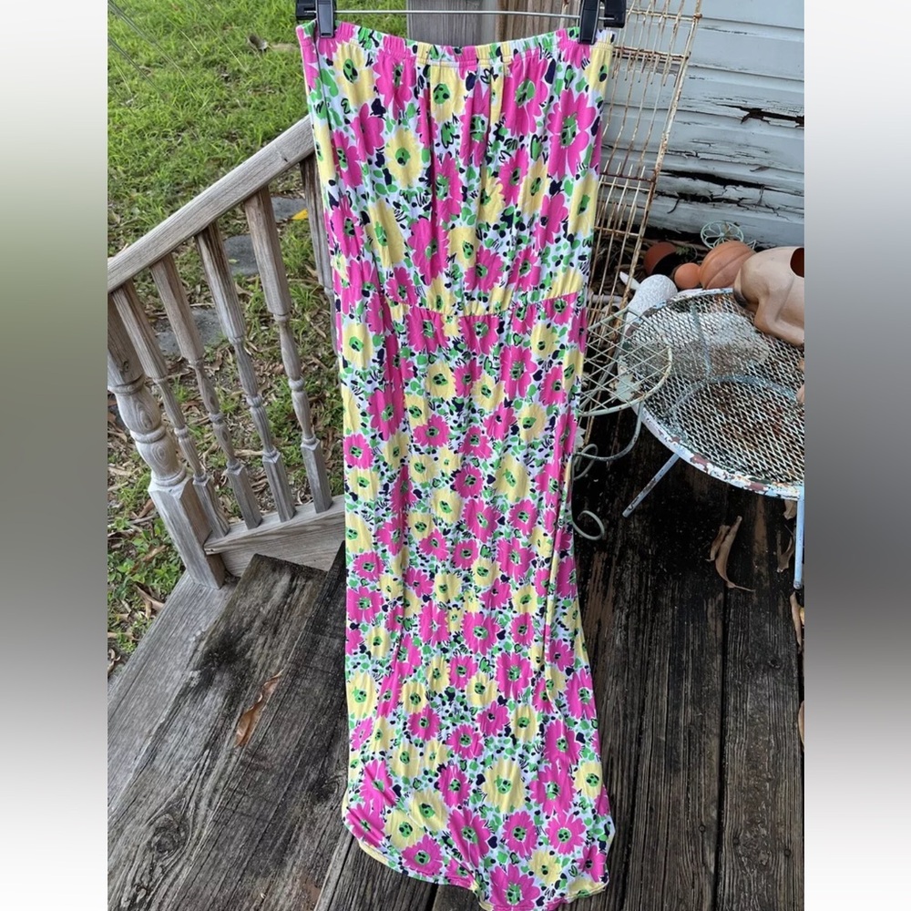 Lilly Pulitzer Marlisa Maxi Dress L Strapless Doodlebug Daisy Floral Pink Green - Picture 1 of 7